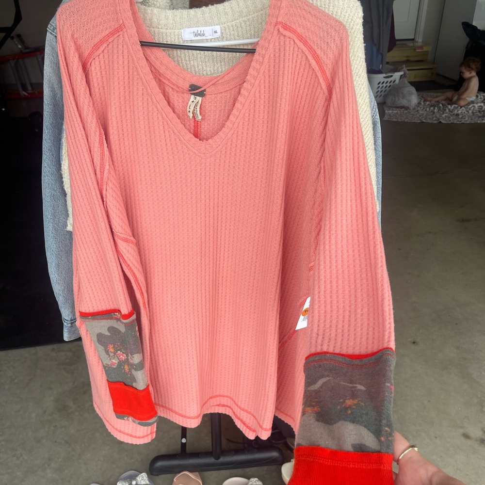 We The Free Pink V-Neck Sweater with Red Accents